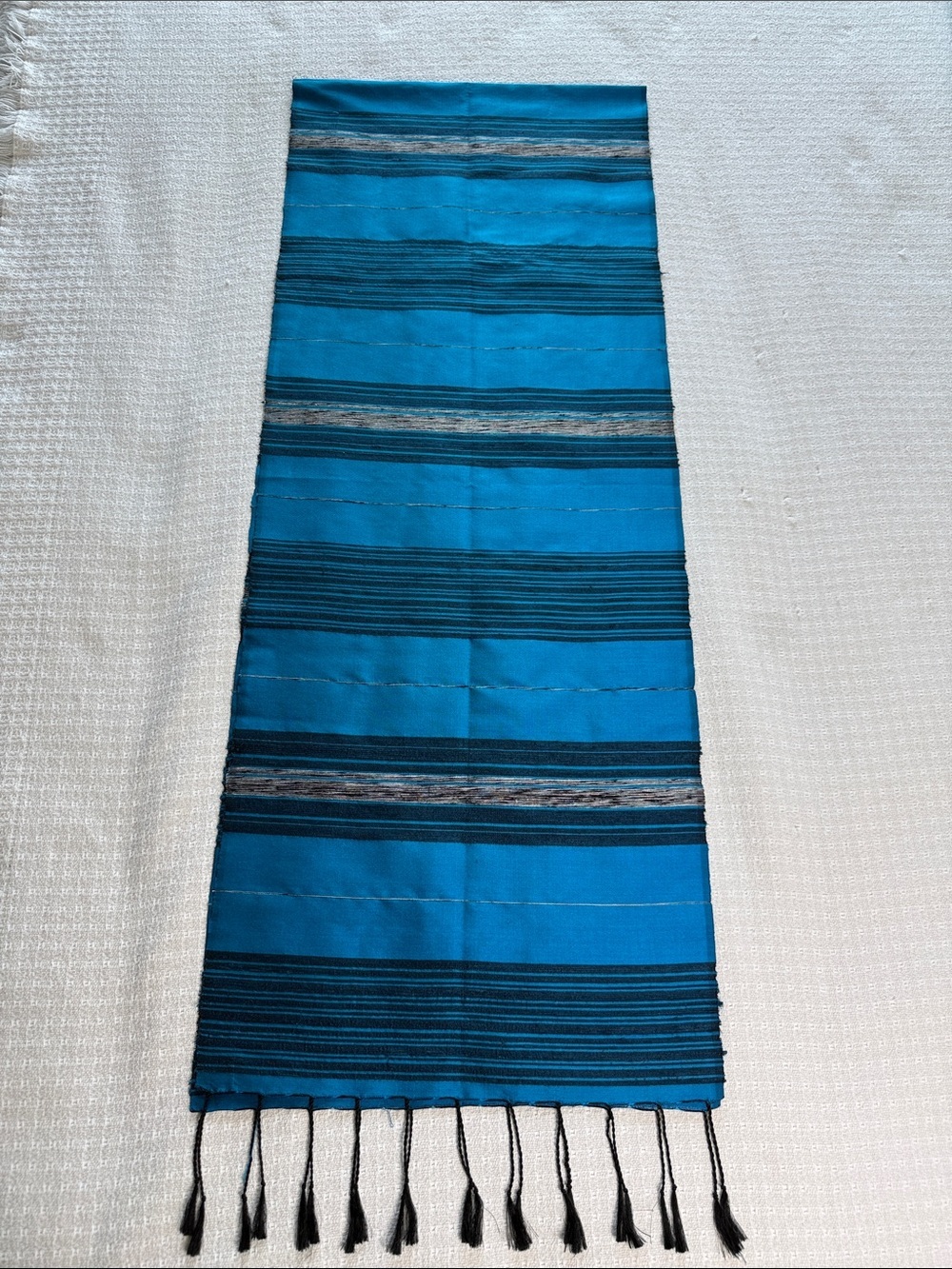 Electric blue and black striped scarf raw silk with fringe and sheen